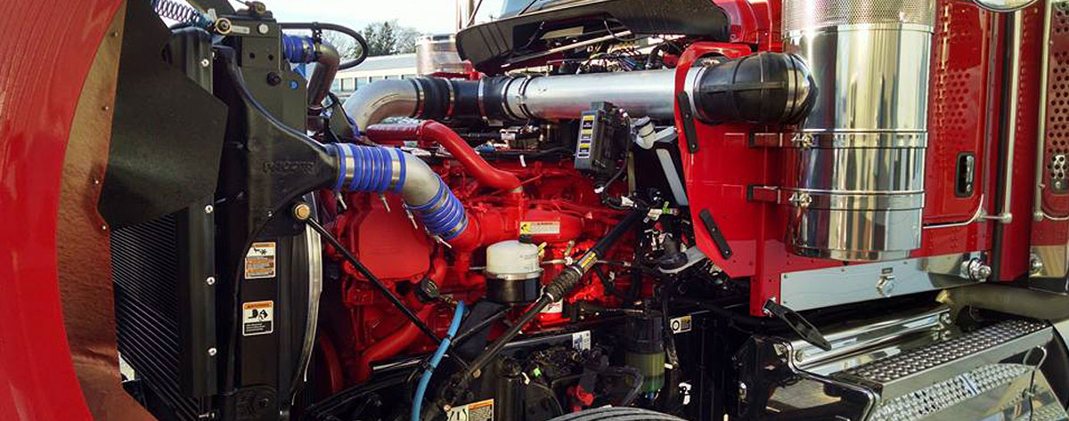 Cleaned, polished and freshly detailed engine of a semi tractor